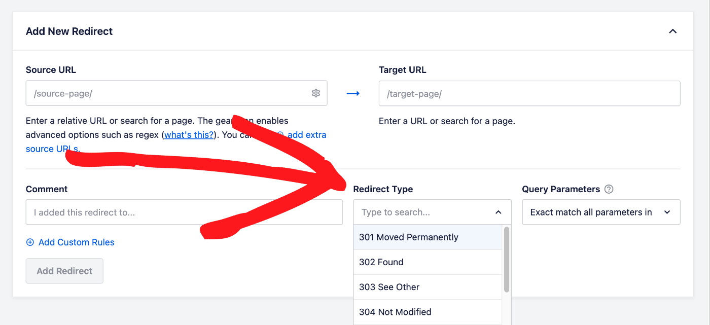 Menu suspenso Tipo de Redirecionamento no formulário Adicionar Novo Redirecionamento