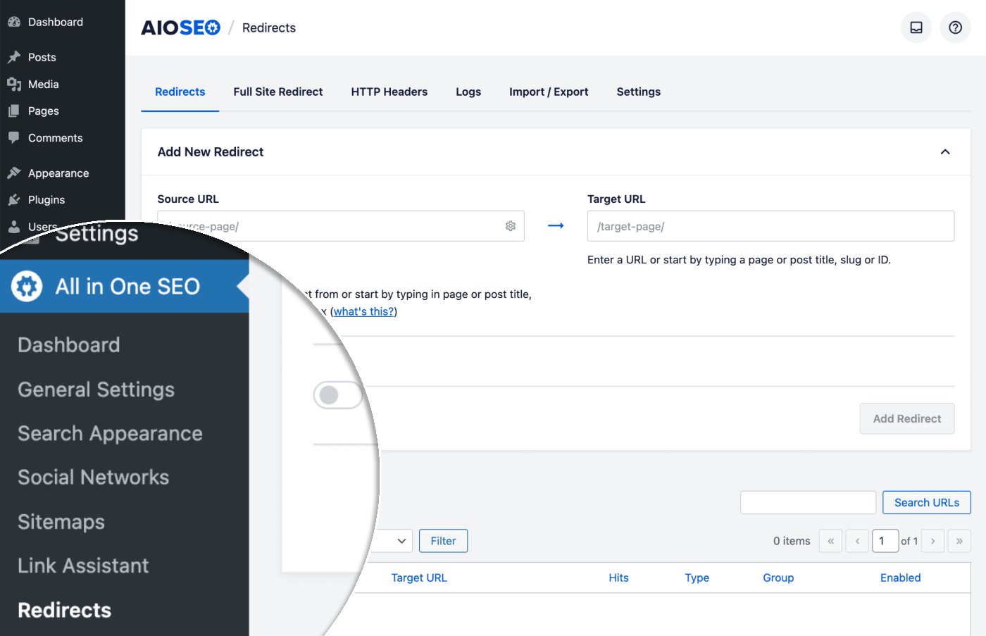 Redirects menu item shown in the All in One SEO menu Redirects menu item shown in the All in One SEO menu