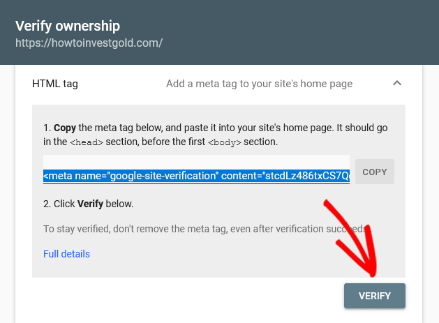 Verify ownership in Google Search Control