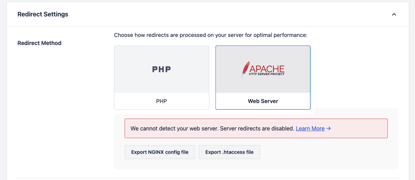 Warning message in Redirect Settings stating that we cannot detect your web server
