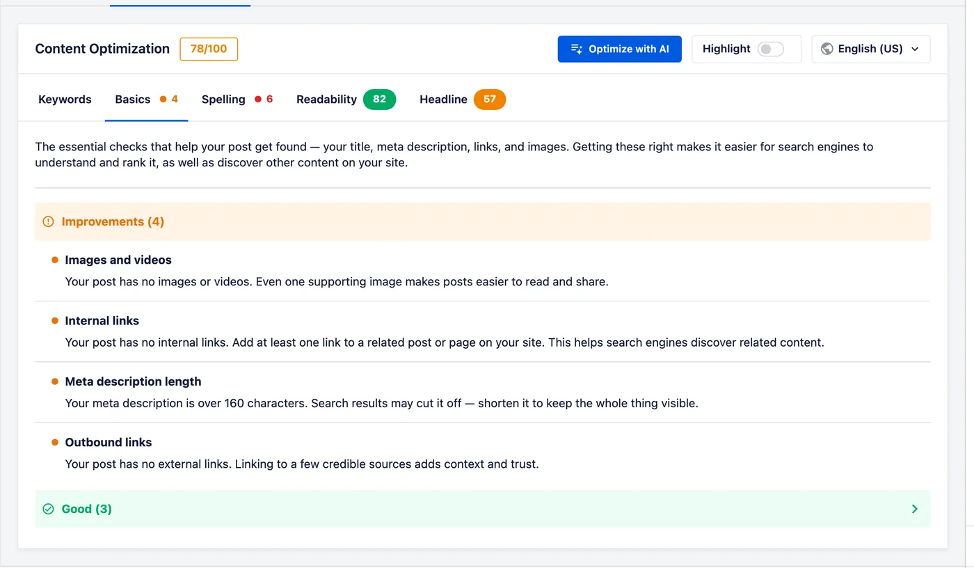 SEO-Inhaltsoptimierungsbereich mit vier Verbesserungen: Bilder und Videos, Interne Links, Meta-Beschreibungs-Länge, Ausgehende Links; "Gut (3)"-Abzeichen. Der Bereich "Grundlagen" zeigt vier Elemente unter "Verbesserungen", die jeweils eine Prüfung benennen und erklären, was zu tun ist, mit einer eingeklappten "Gut"-Gruppe von drei darunter.