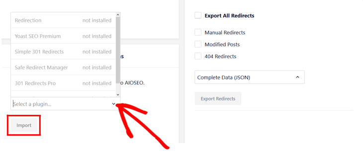Choose which plugin to import redirects from in All in One SEO