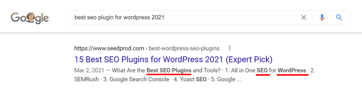 Example of highlighted search terms in a meta description on Google