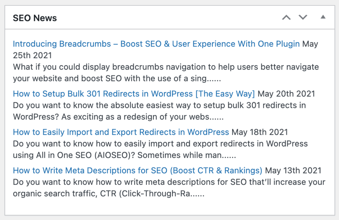 SEO News widget shown on the WordPress Dashboard