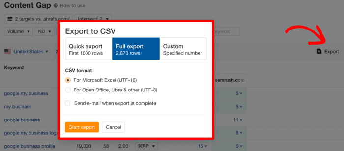 Você pode exportar suas palavras-chave no formato CSV.