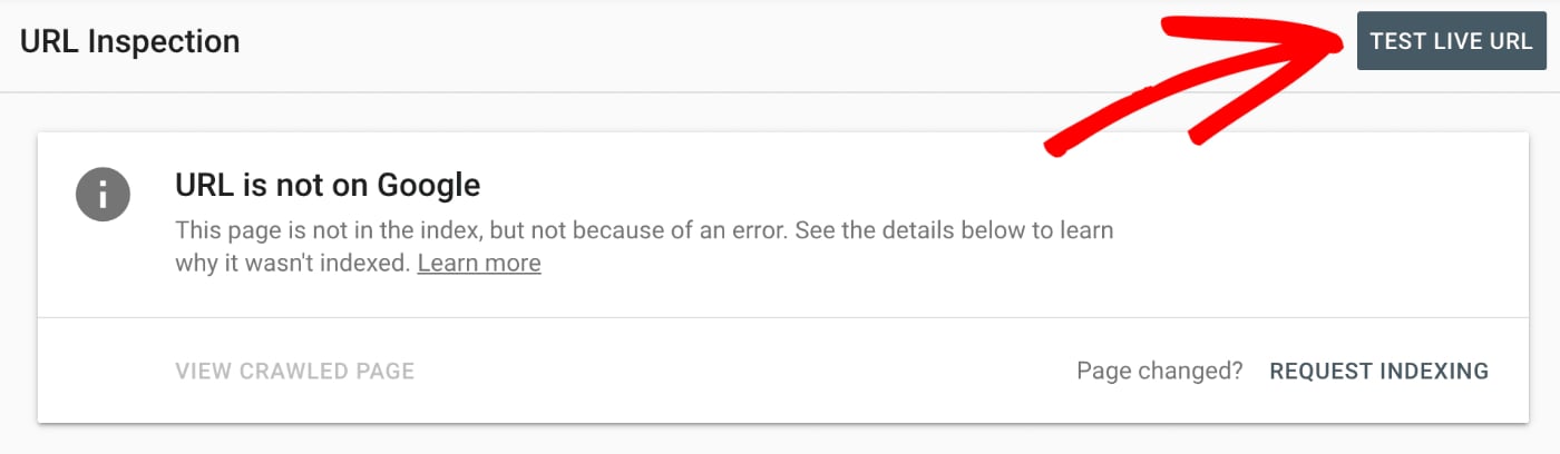 URL Inspection results showing the Test Live URL button