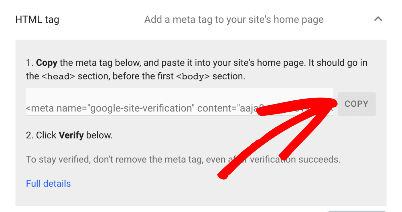 Click the Copy button in the HTML tag section on the Verify ownership screen