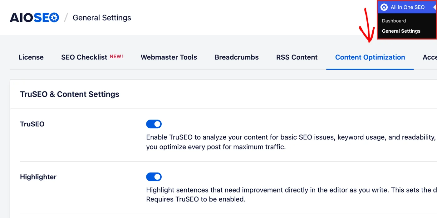 Das All in One SEO-Menü in der WordPress-Admin-Seitenleiste mit ausgewählten General Settings und dem dahinter geöffneten Tab Content Optimization