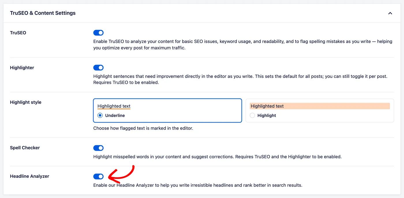 Die Gruppe TruSEO und Content Settings mit einem Pfeil, der auf den Headline Analyzer-Schalter unten zeigt, der aktiviert ist