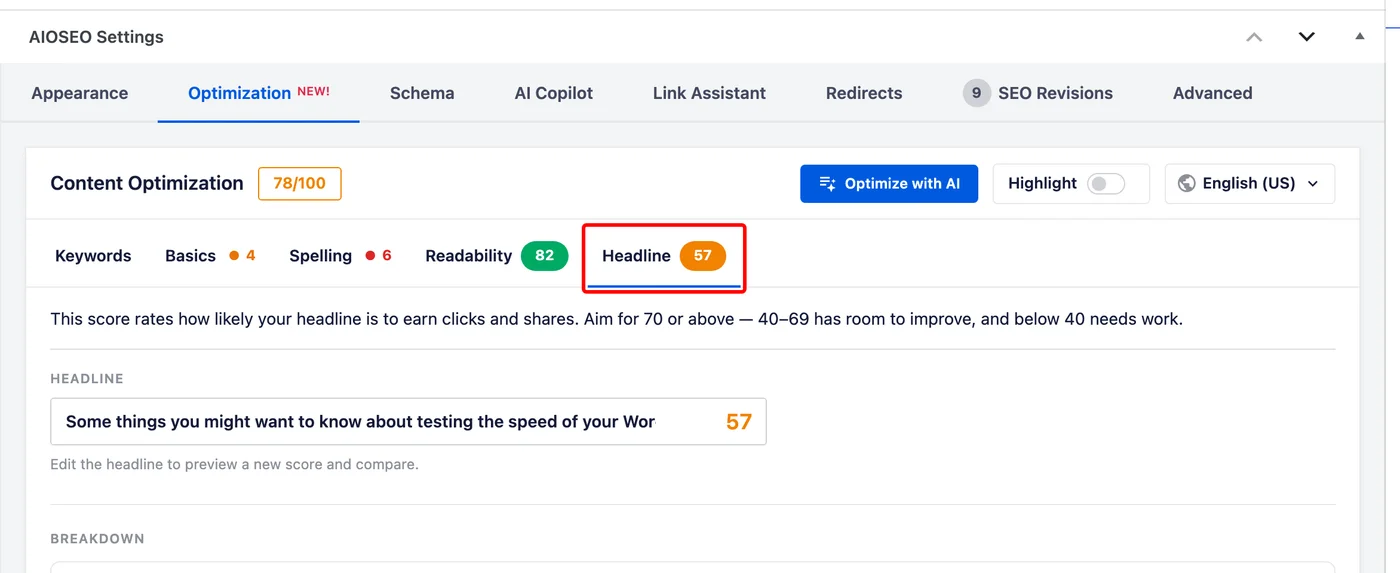 Screenshot della scheda Ottimizzazione AIOSEO che mostra l'Ottimizzazione dei contenuti con un punteggio del titolo di 57; un campo titolo modificabile visualizza: 'Alcune cose che potresti voler sapere sui test della velocità del tuo Wor' La scheda Ottimizzazione della sezione Impostazioni AIOSEO con la scheda Titolo selezionata, che mostra il punteggio del titolo