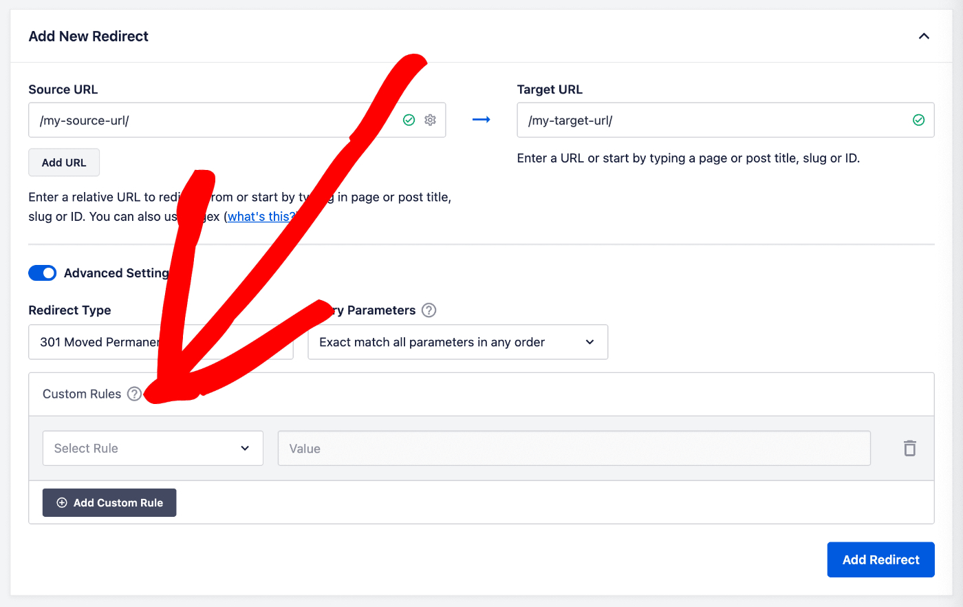 Custom Rules fields in the Add New Redirect form