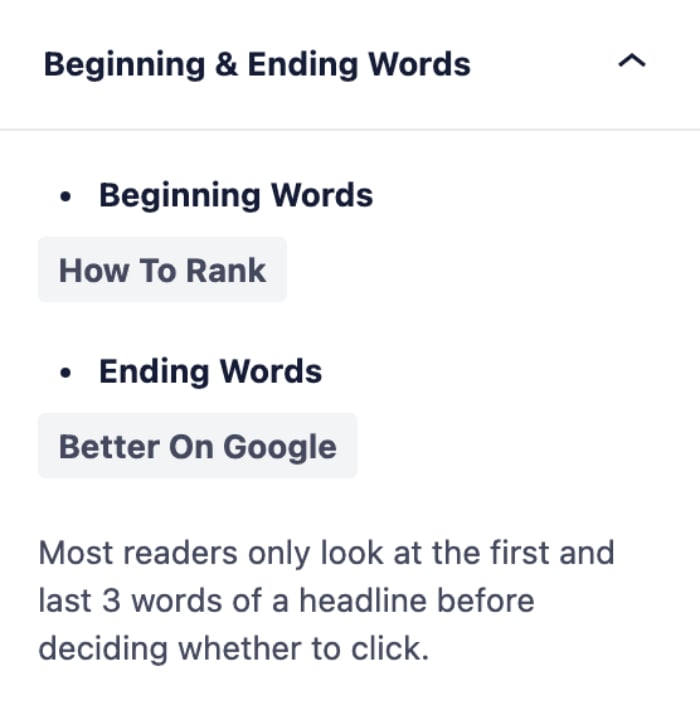 Beginning and Ending Words section in the Headline Analyzer