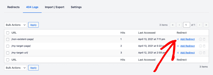 Adding new redirect from the 404 logs screen in All in One SEO