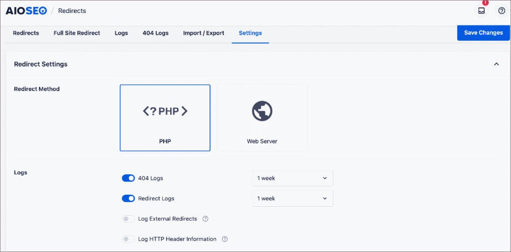 Redirect settings in All in One SEO
