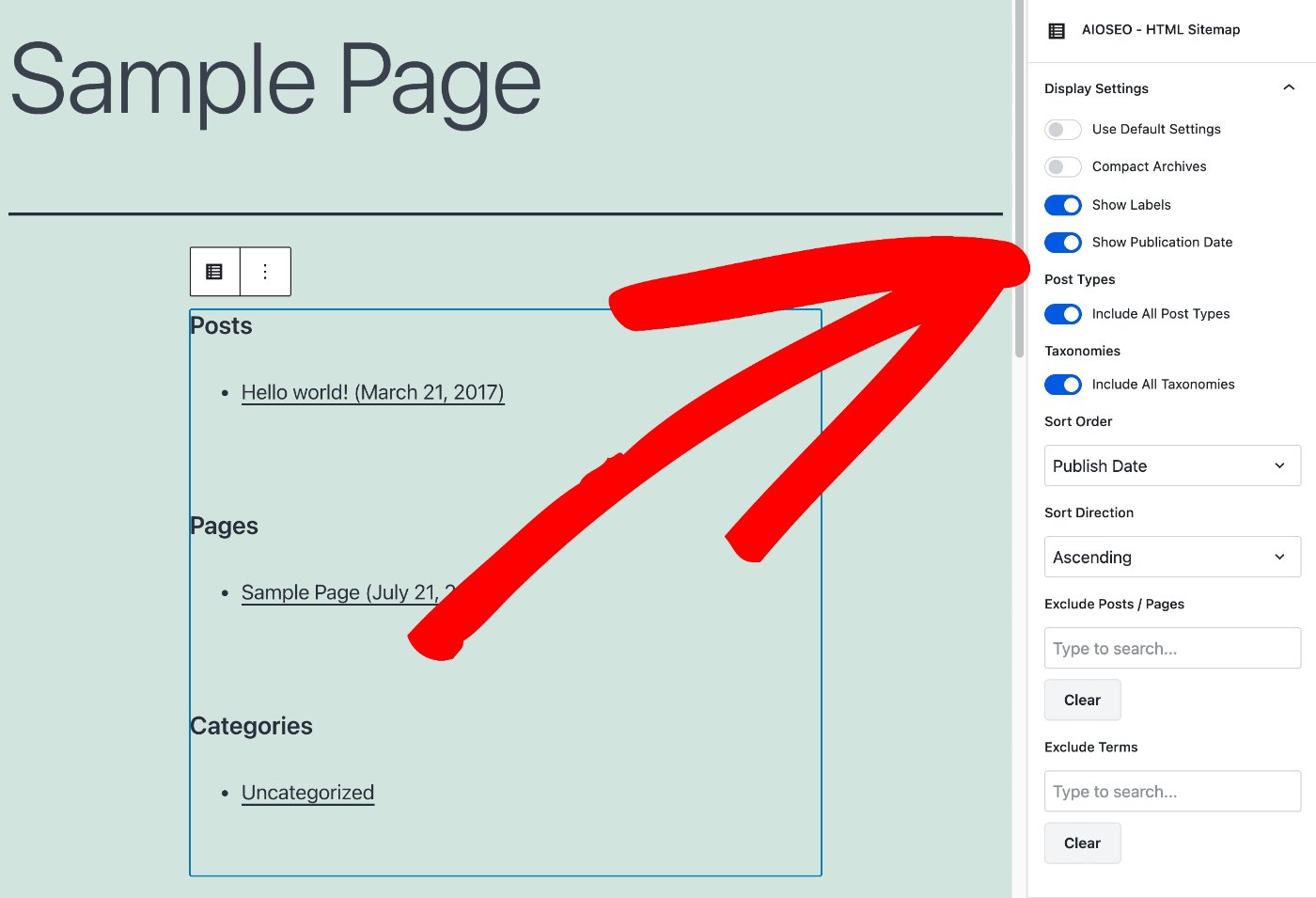 AIOSEO HTML Sitemap block settings showing full settings