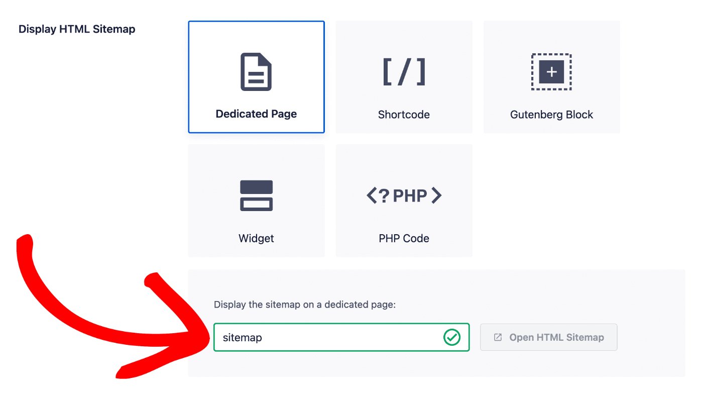 Dedicated Page option in the Display HTML Sitemap section