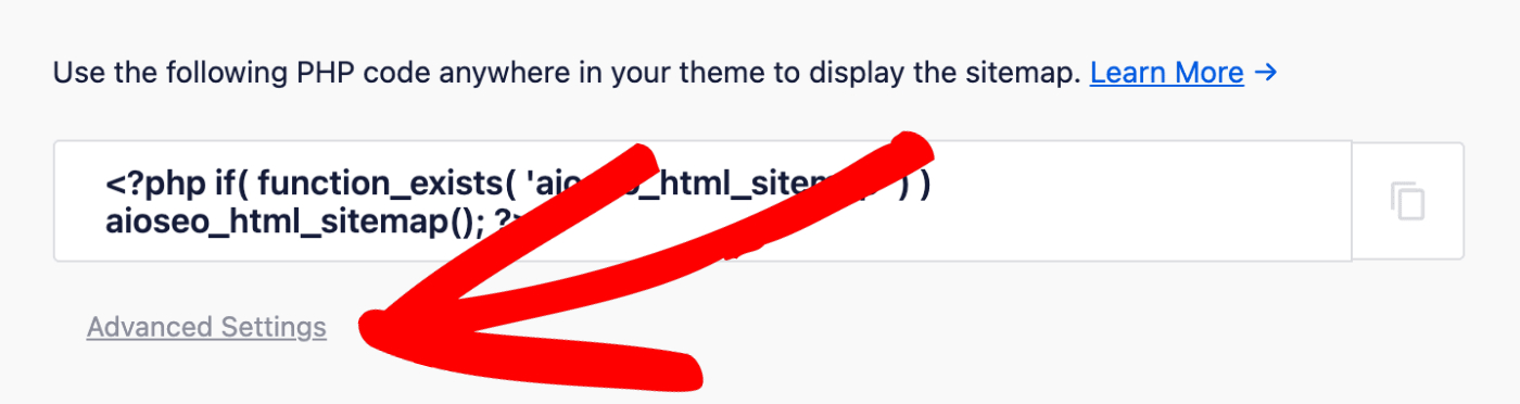 Advanced Settings link next to the PHP code in HTML Sitemap settings