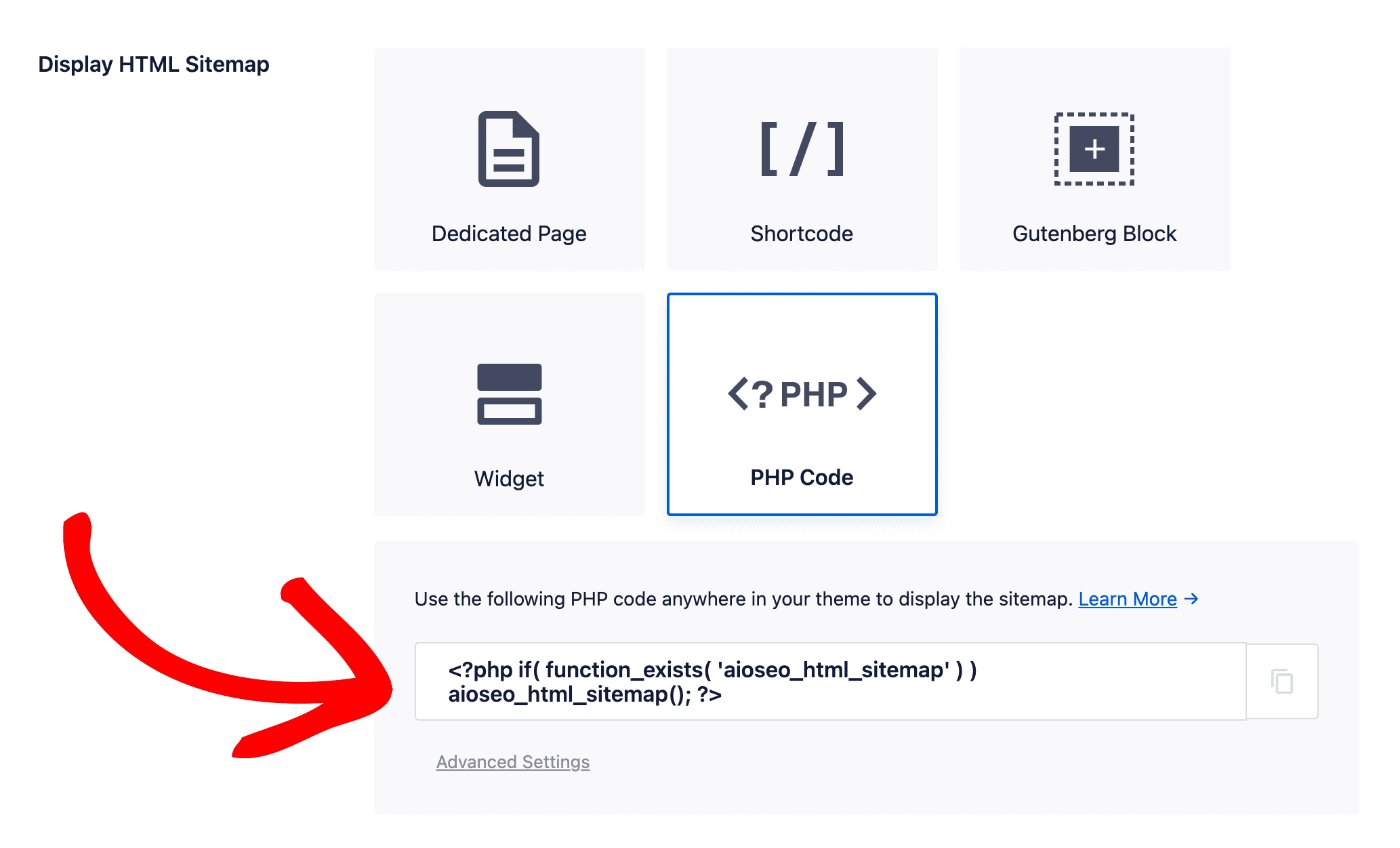 PHP Code option in the Display HTML Sitemap section