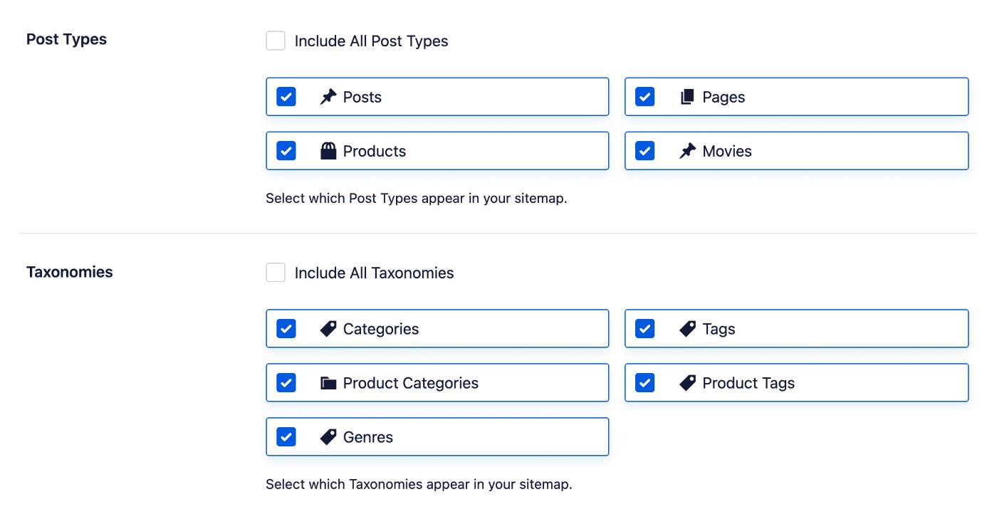 Post Types and Taxonomies settings in HTML Sitemap