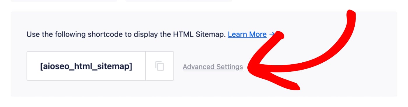 Advanced Settings link next to the shortcode in HTML Sitemap settings