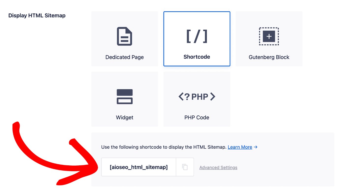 Shortcode option in the Display HTML Sitemap section