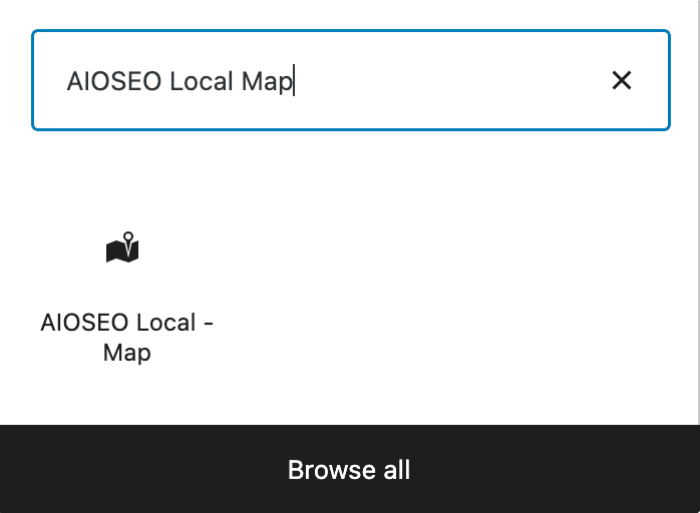 AIOSEO Local Map block shown in the  Block Editor search