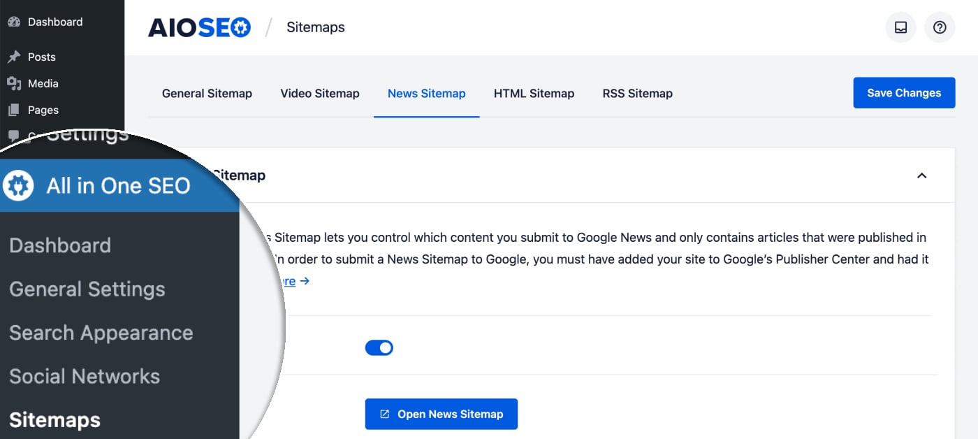 News Sitemaps tab in Sitemaps menu in All in One SEO