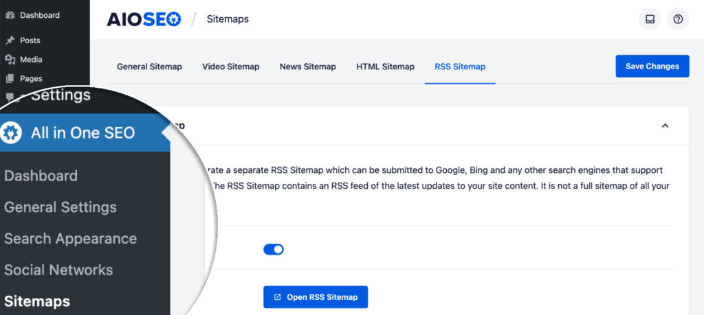 RSS Sitemap tab in Sitemaps menu in All in One SEO
