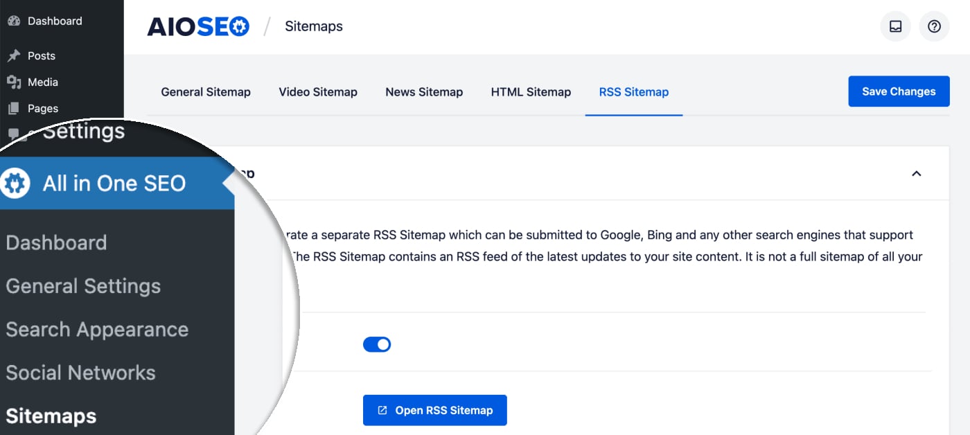 RSS Sitemap tab in Sitemaps menu in All in One SEO