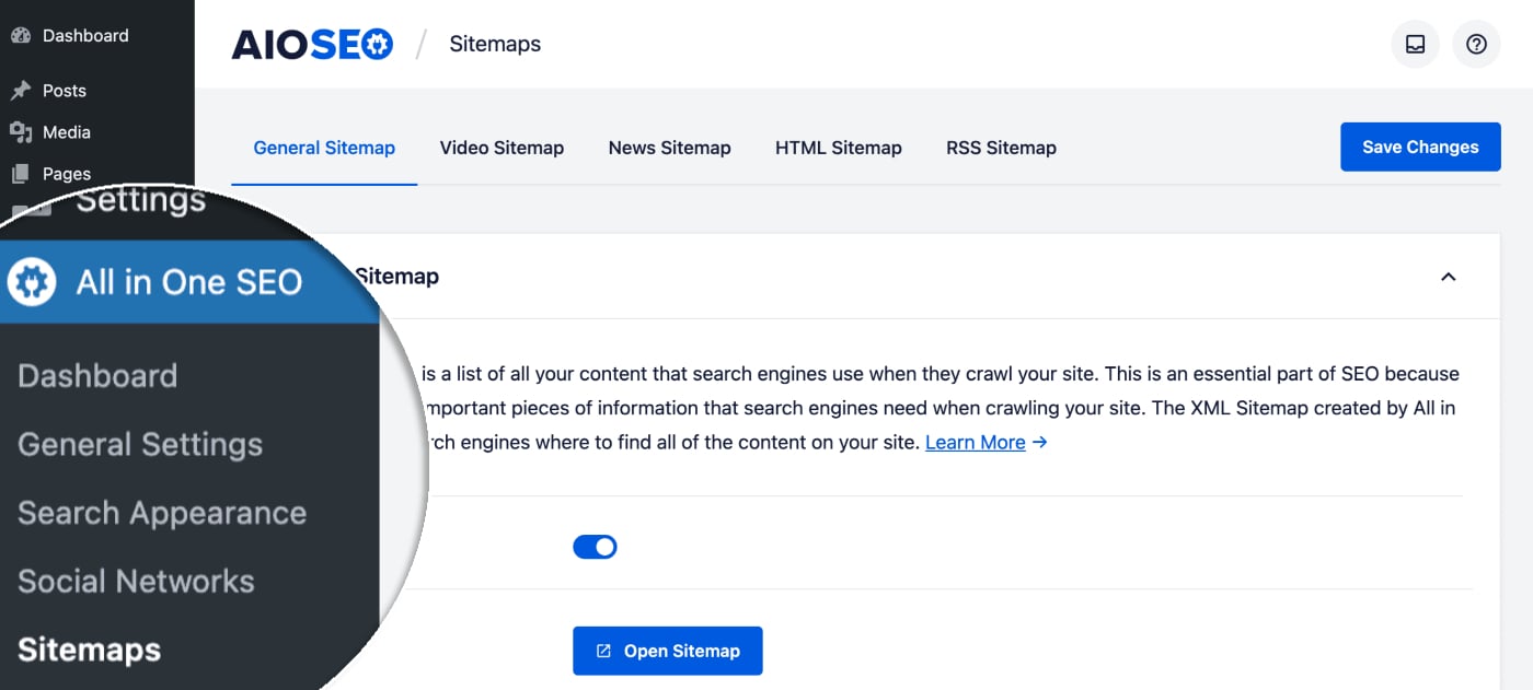 Sitemaps menu item in All in One SEO