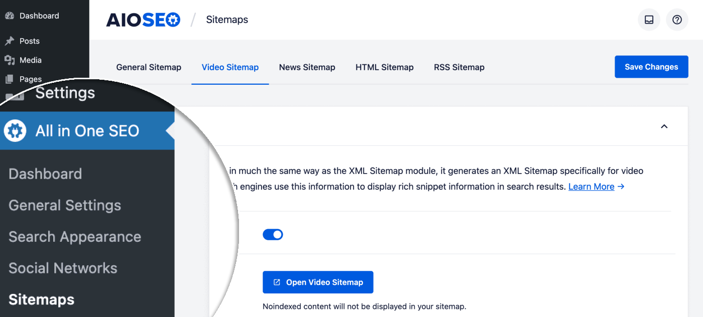 Video Sitemaps tab in Sitemaps menu in All in One SEO