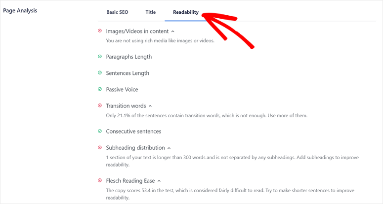 aioseo analysis how to improve readability score on wordpress