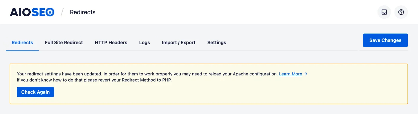 Warning notice stating that Your redirect settings have been updated. In order for them to work properly you may need to reload your server configuration. 