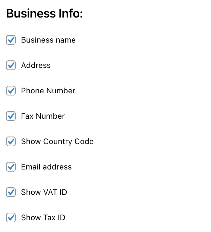 Business Info check boxes in the Business Info widget