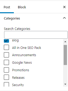 Once a category is created, you can assign it to a page by heading to the "Post" settings and ticking the appropriate category.