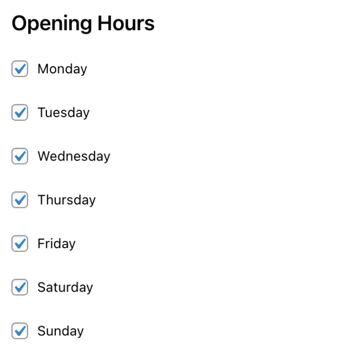 Opening Hours check boxes in the Opening Hours widget