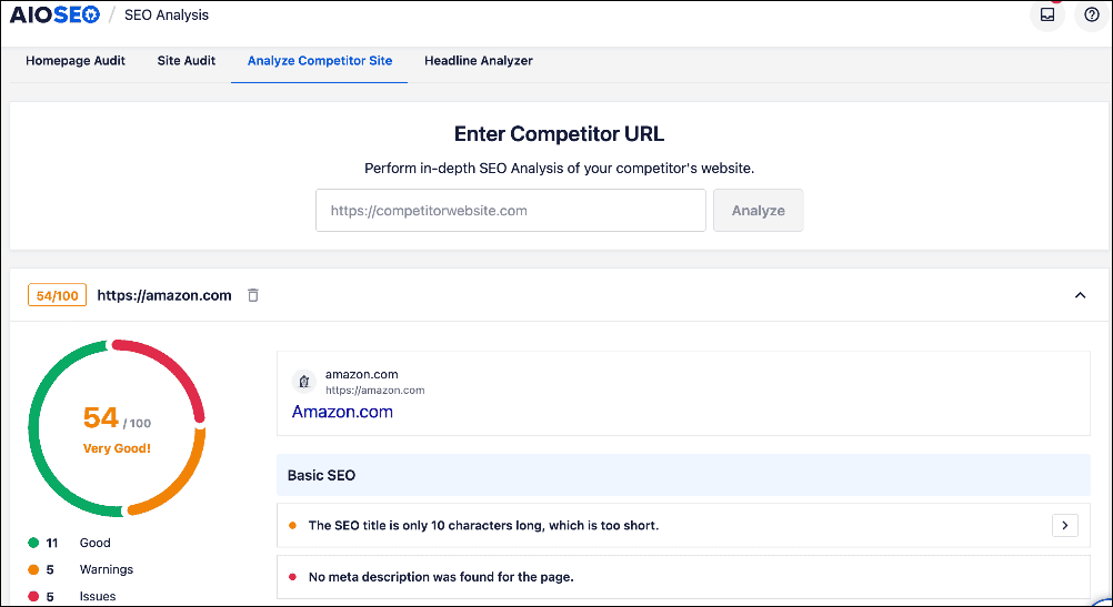 Competitor Analysis in AIOSEO's Site Audit