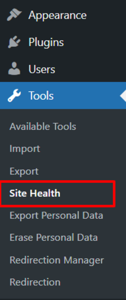 To get started with Site Health, go to the Tools section of your WordPress dashboard.