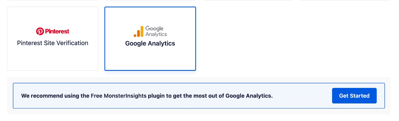 Get Started button in the Google Analytics section in A:aio