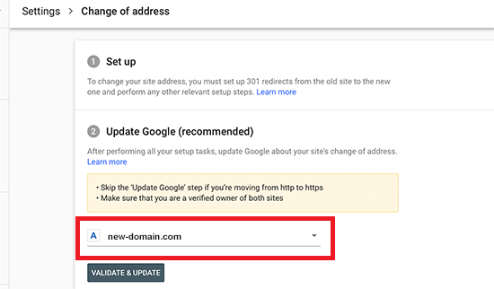 Google will validate your new domain and redirect queries that match your old website to the new domain.