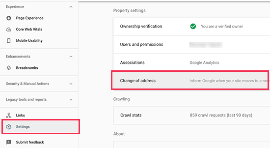Change your address in the settings menu of Google Search Console.