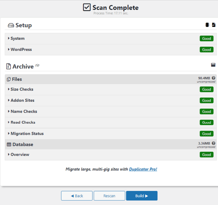 Duplicator runs a scan to ensure your backup is good.