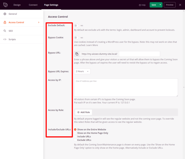 You can set various access and activity controls on your maintenance page via the Page Settings tab.