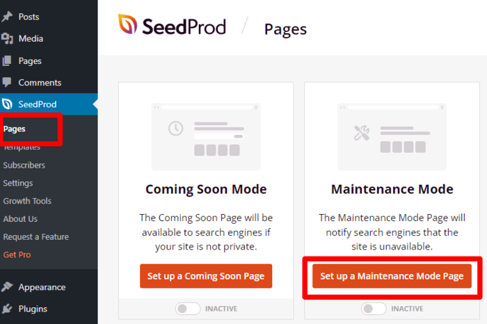 To get started, click on Set Up a Maintenance Mode Page.