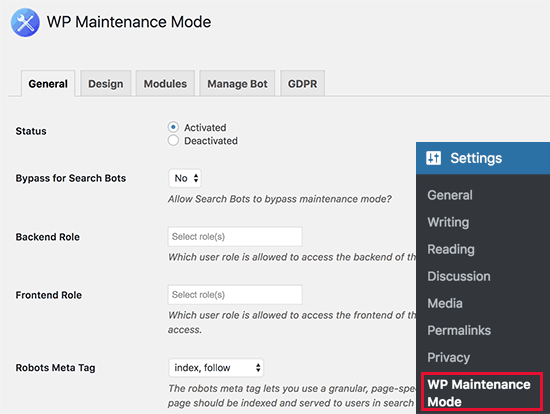 Set up your maintenance mode status using WP Maintenance Mode.