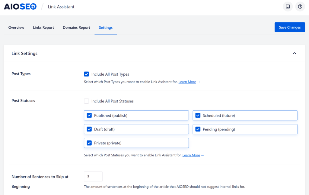 The settings page helps you refine the information you see in Links Assistant.