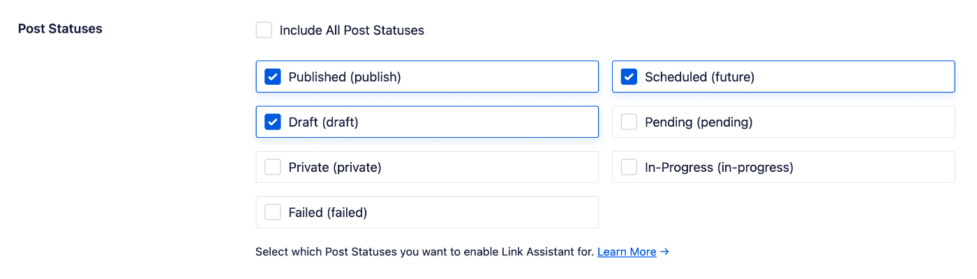 Post Statuses setting in Link Assistant showing checkboxes for each post status