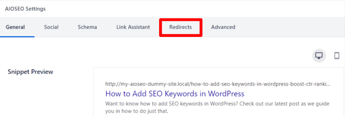 You'll find a "Redirects" tab right below your post in the AIOSEO settings section.