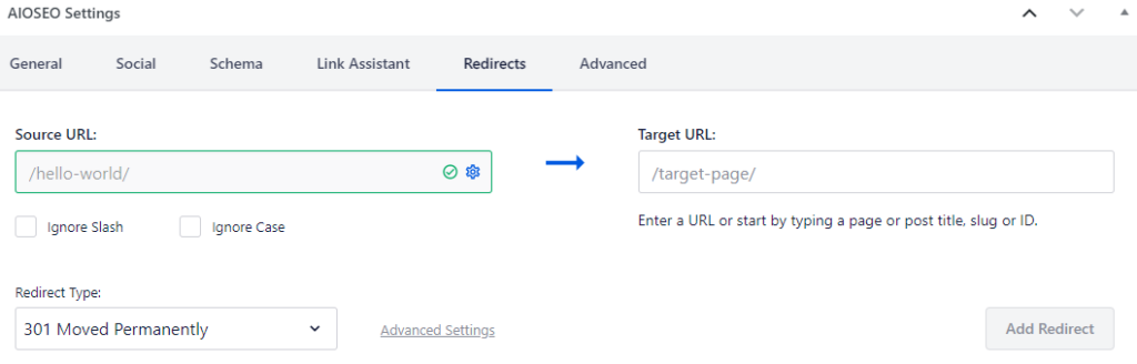 Clicking on the "Redirects" tab will open up a window where you canb define the redirect settings for that page.