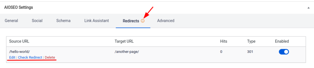 If a page has a redirect alrteady enabled, you get a warning so you can choose your redirect options carefully.